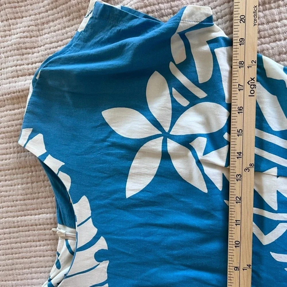 Hawaiian Blue Tropical Floral Midi Dress Sz M Wrap Tie Short Sleeve Beach Resort